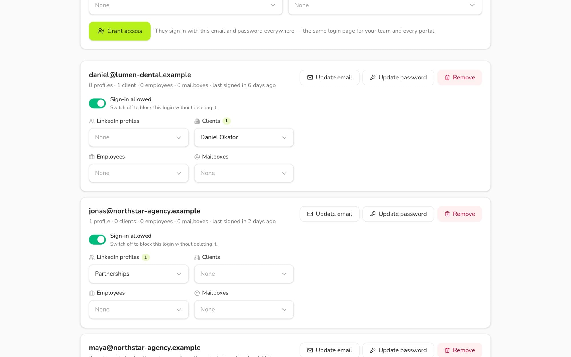 The Admin Panel access screen on sample data: one login per person with choices for LinkedIn profiles, clients, employees and mailboxes, and a switch to block sign-in