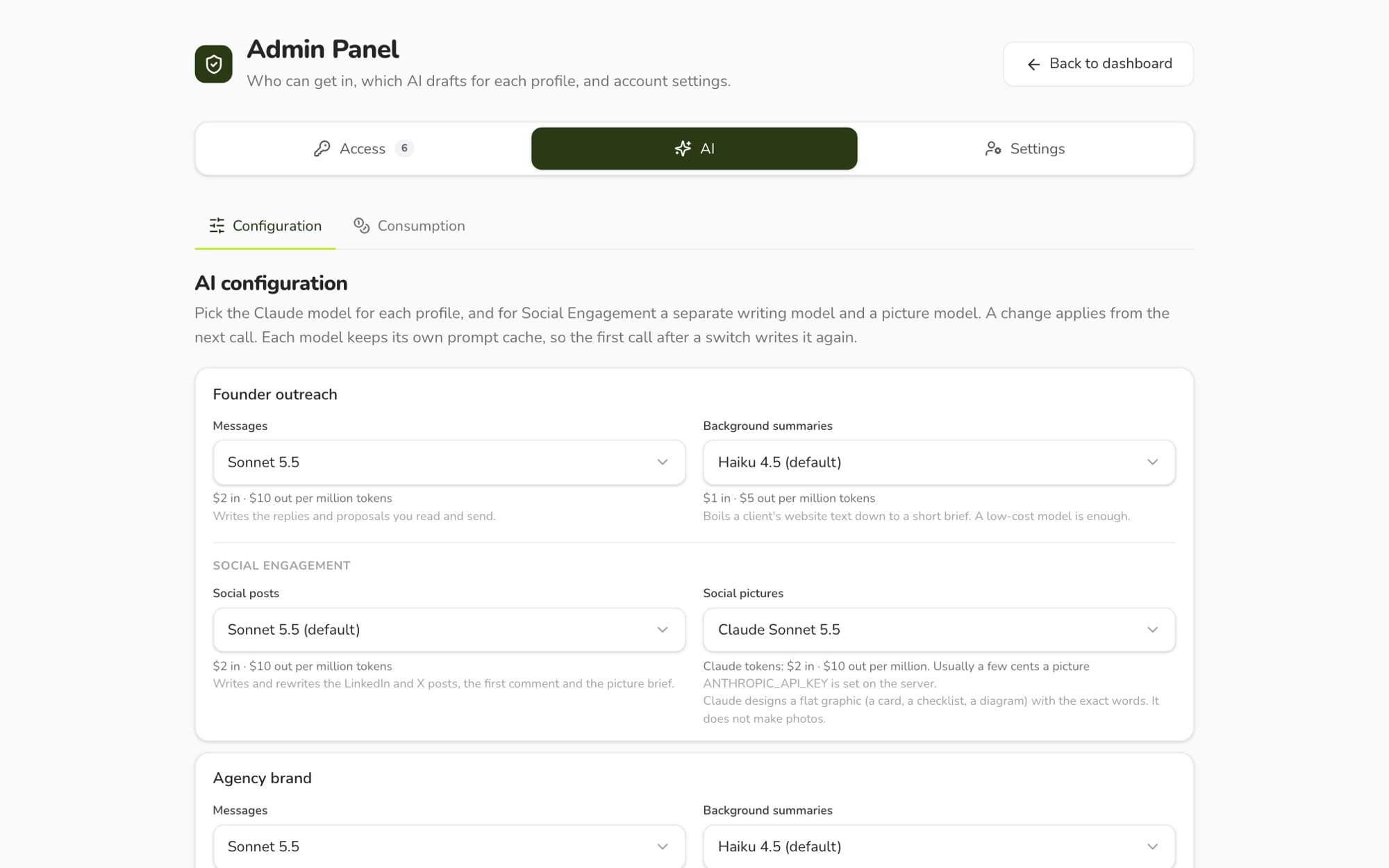 AI settings on sample data: a Claude model chosen for messages, for background summaries, for social posts and for social pictures, with the price of each