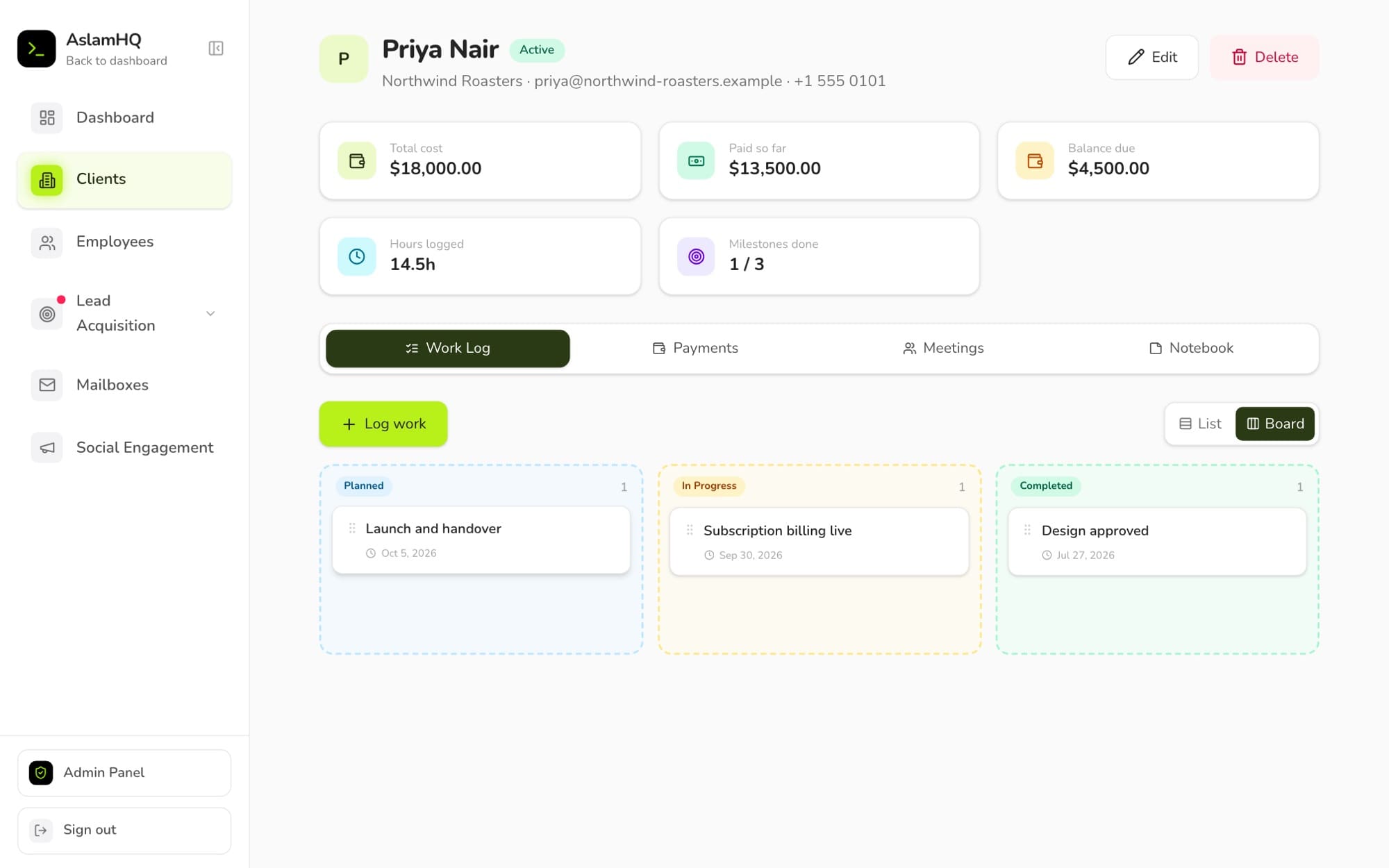 A client record on sample data: total cost, paid so far, balance due, hours logged and a milestone board with planned, in progress and completed columns