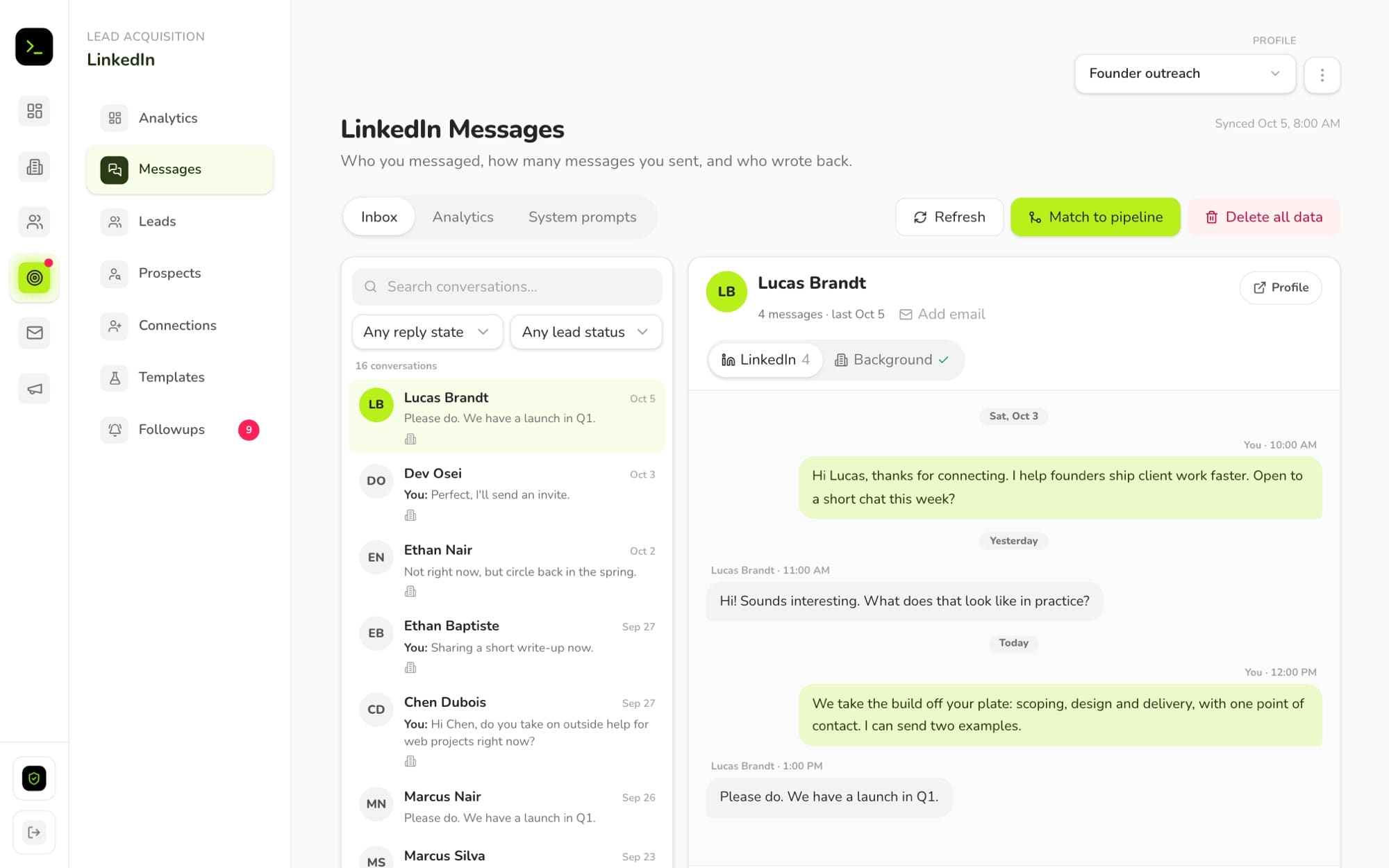 The LinkedIn inbox inside Aslam HQ on sample data, with a conversation open and a Background tab for what the person's company does