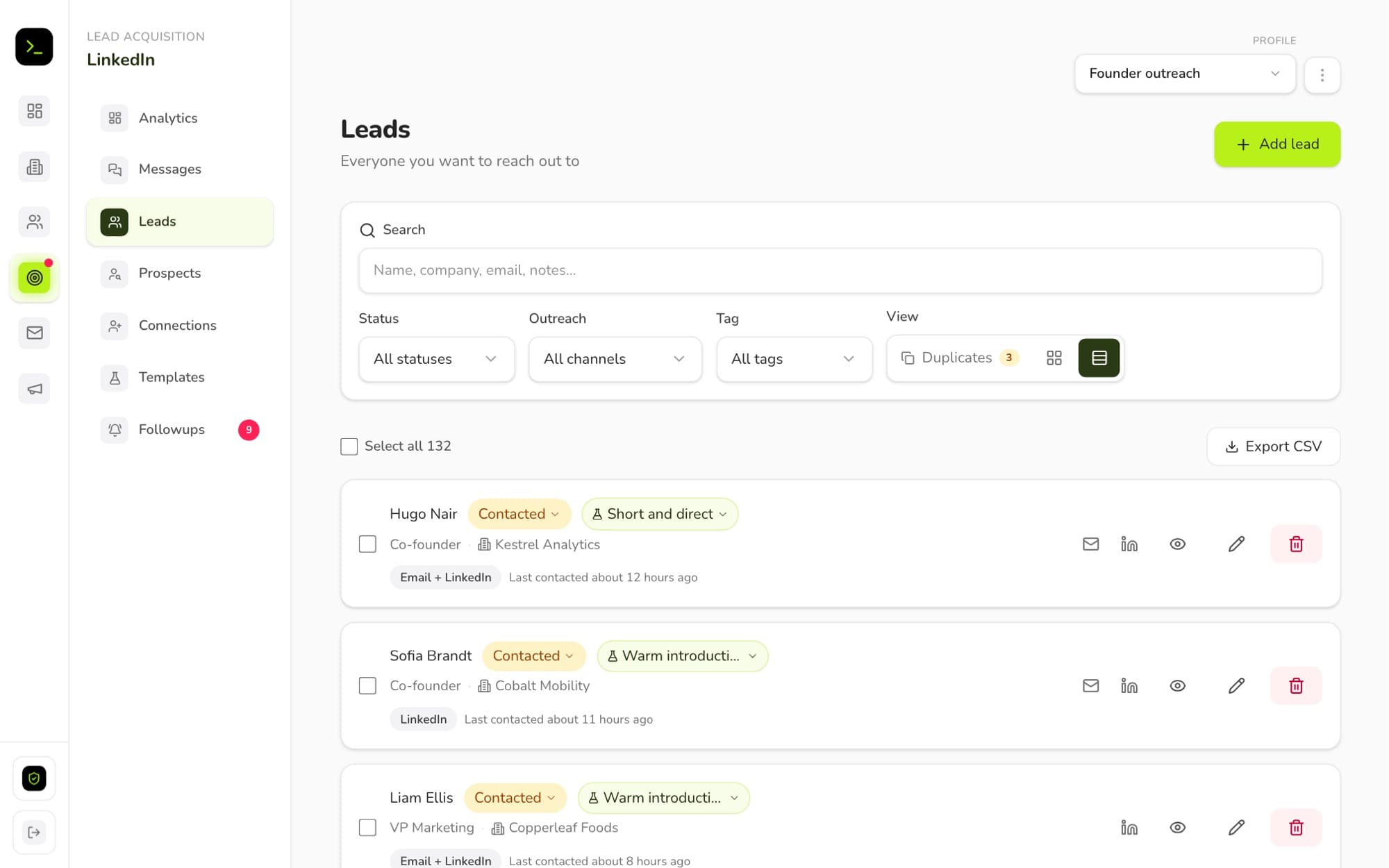 Aslam HQ leads on sample data: each person with a status, a role and company, the message template that was sent, and when they were last contacted