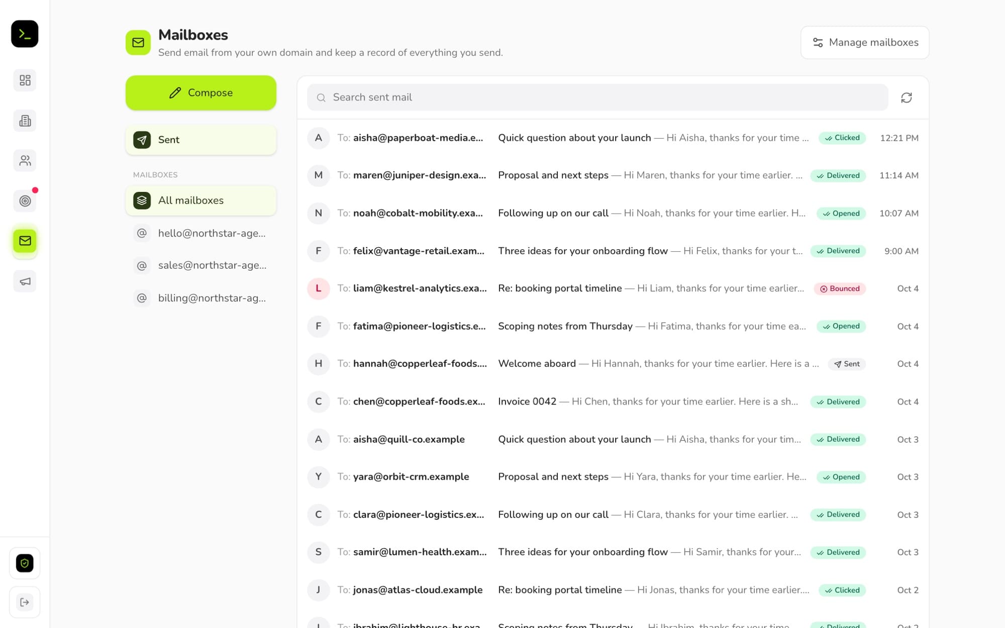 Mailboxes on sample data: a sent list with a delivery status on every message, and the addresses on the agency's own domain