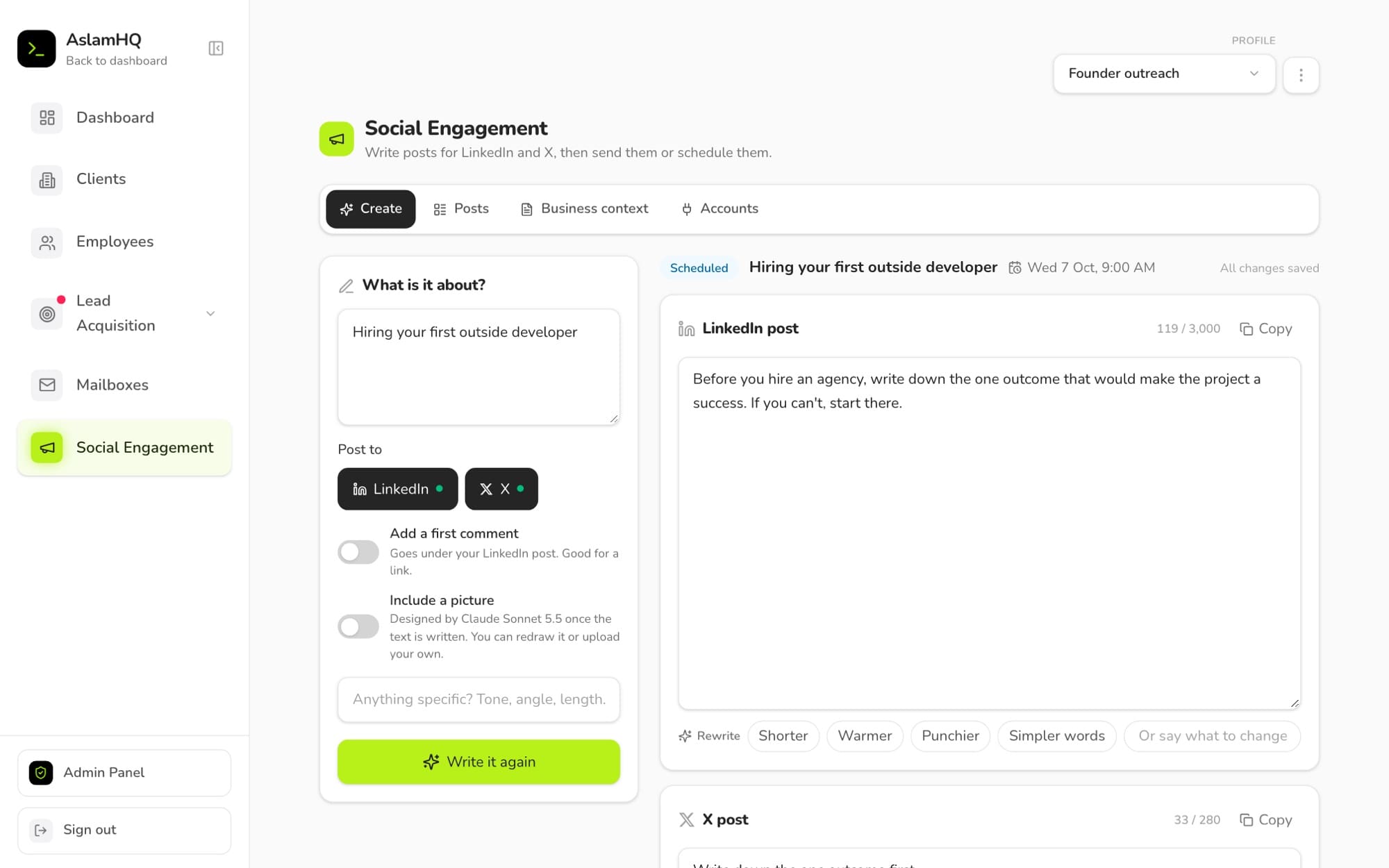 The social post editor on sample data, with a LinkedIn text, an X text, rewrite presets and a schedule