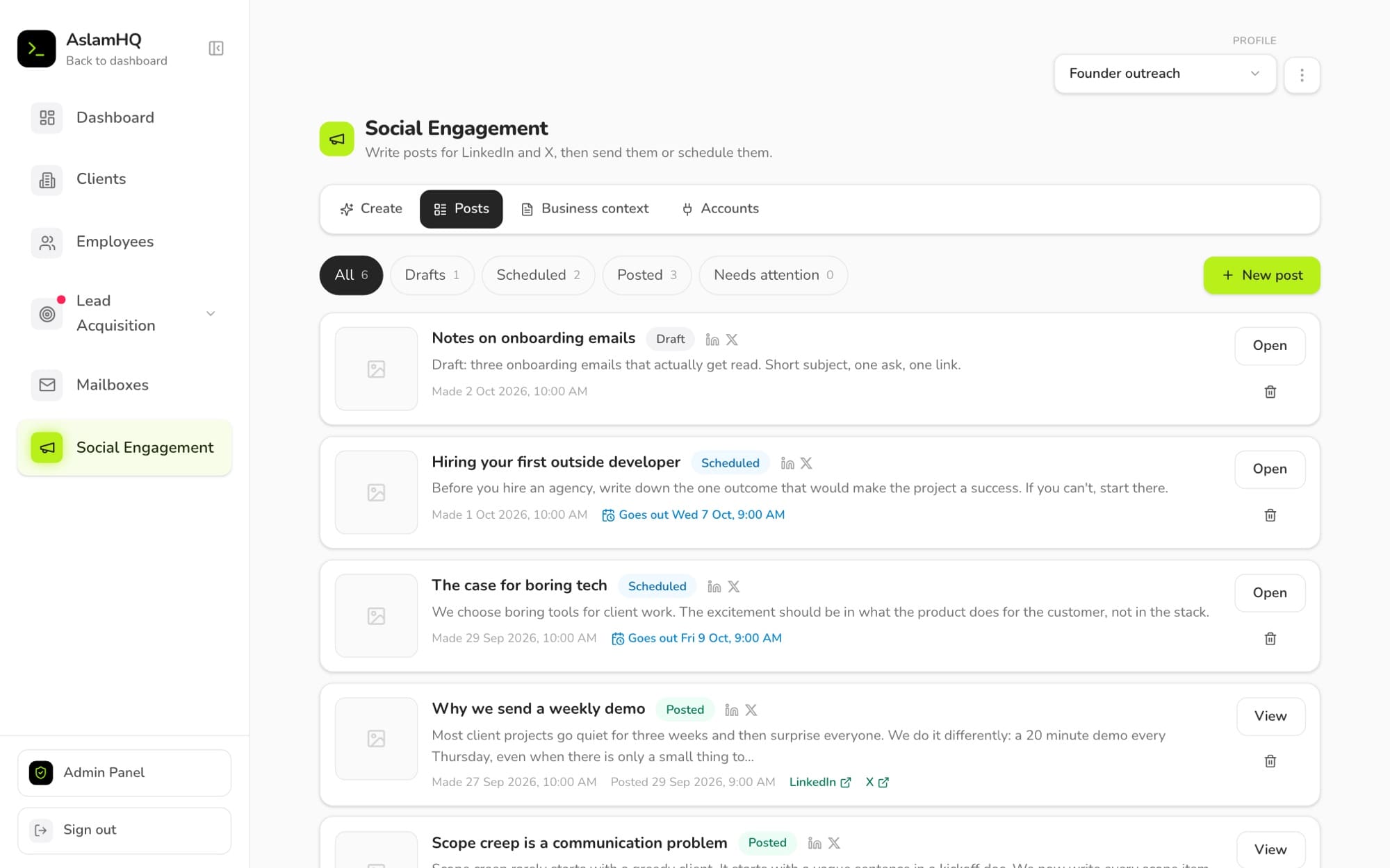 Social posts on sample data: drafts, scheduled posts and posted ones, each with its date and links