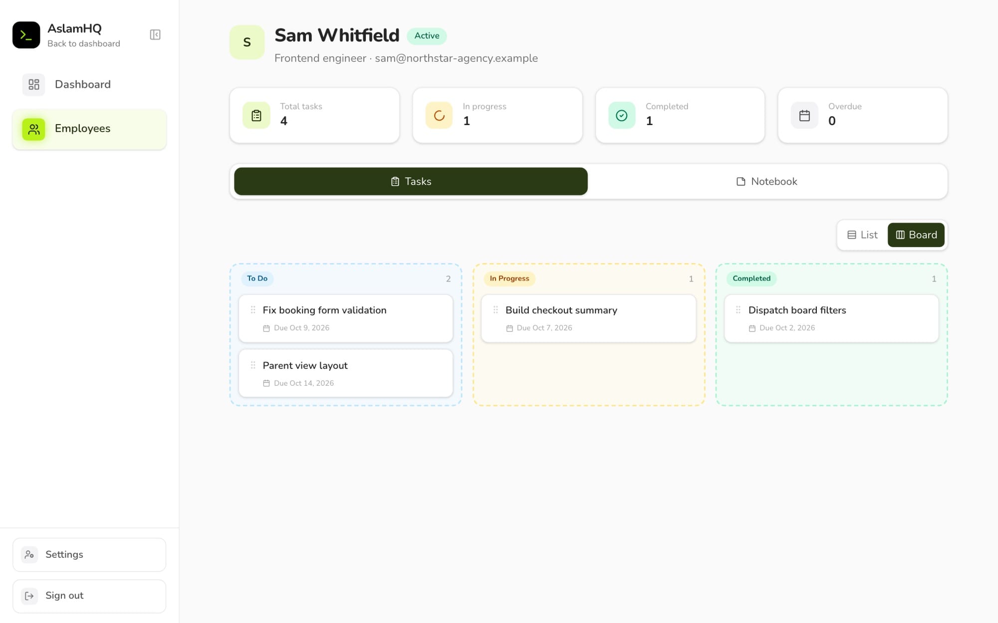 An employee's Aslam HQ portal on sample data: their task counts and a to do, in progress and completed board, with no way to assign tasks