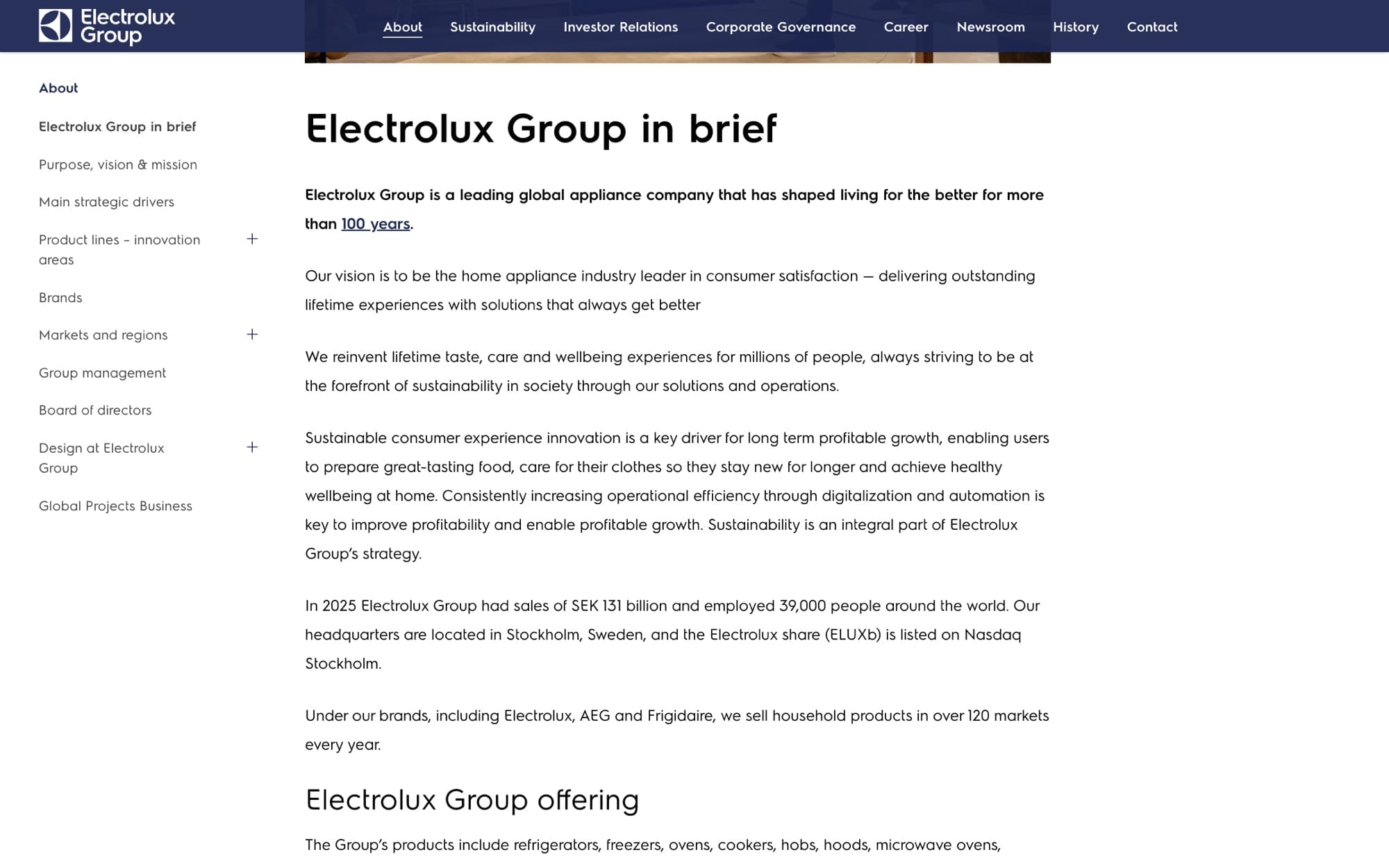 Electrolux Group in brief: more than 100 years, sales of SEK 131 billion and 39,000 employees in 2025, household products sold in over 120 markets every year