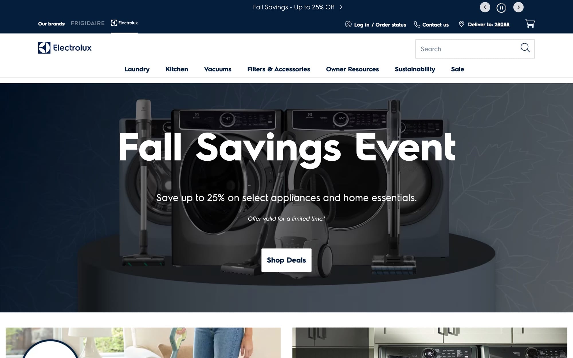 The Electrolux public website home page, with the Fall Savings Event banner above its laundry, kitchen and vacuum categories