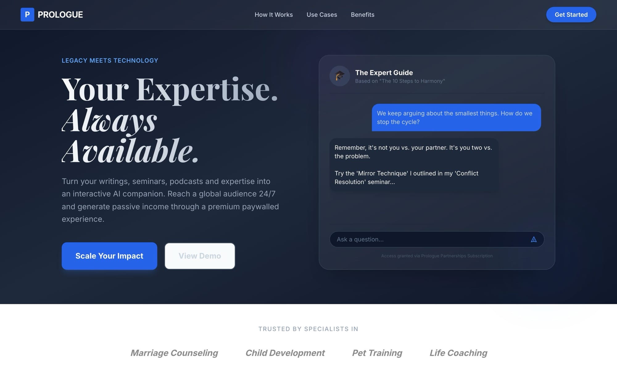 The Prologue Partnerships home page: Your expertise, always available, beside a sample chat with an expert guide