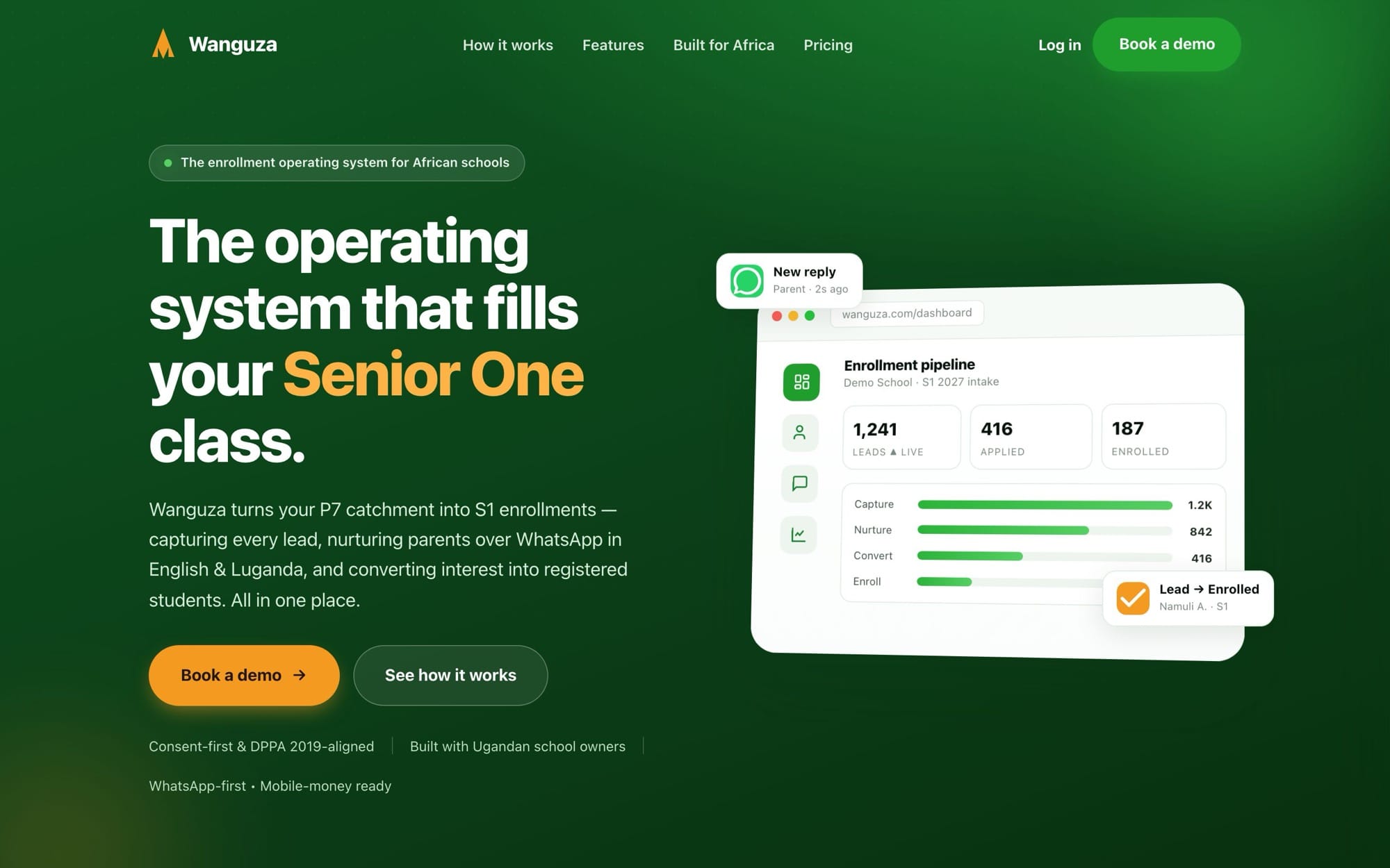 The Wanguza home page: the operating system that fills your Senior One class, beside an enrollment pipeline dashboard